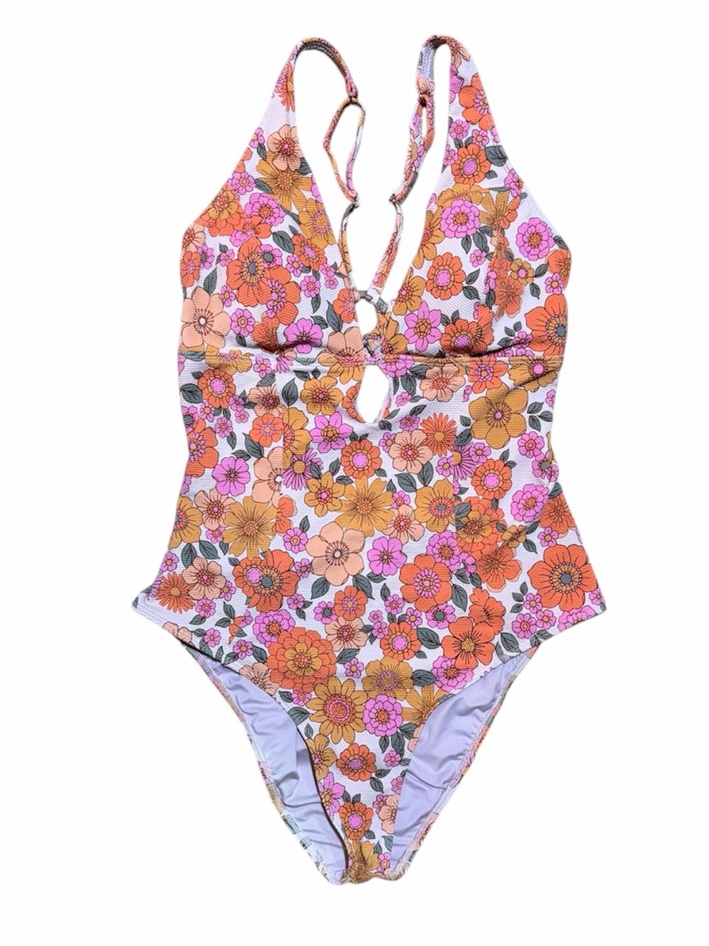 Cupshe Floral One Piece Swimsuit XL Retro Textured Cutout O-Ring Adjustable